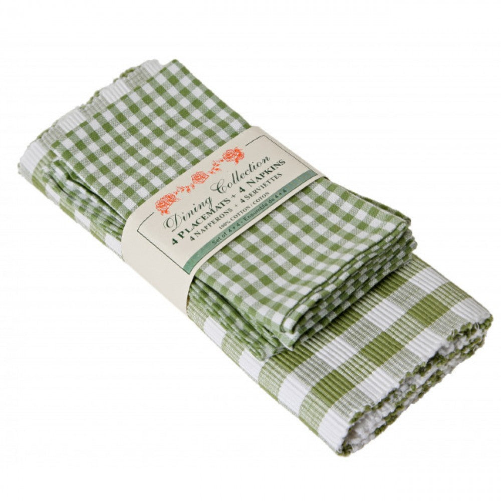 4 + 4 Toro Green Check Pattern Placemats And Napkins