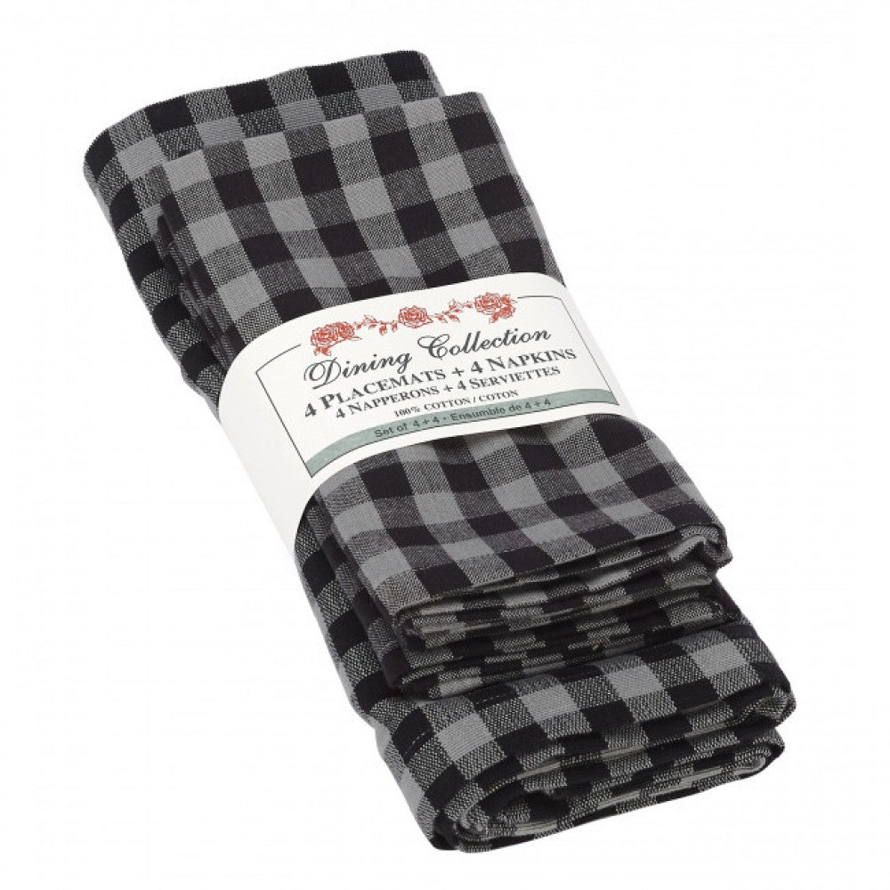 4 + 4 Gray And White Buffalo Check Pattern Placemats And Napkins