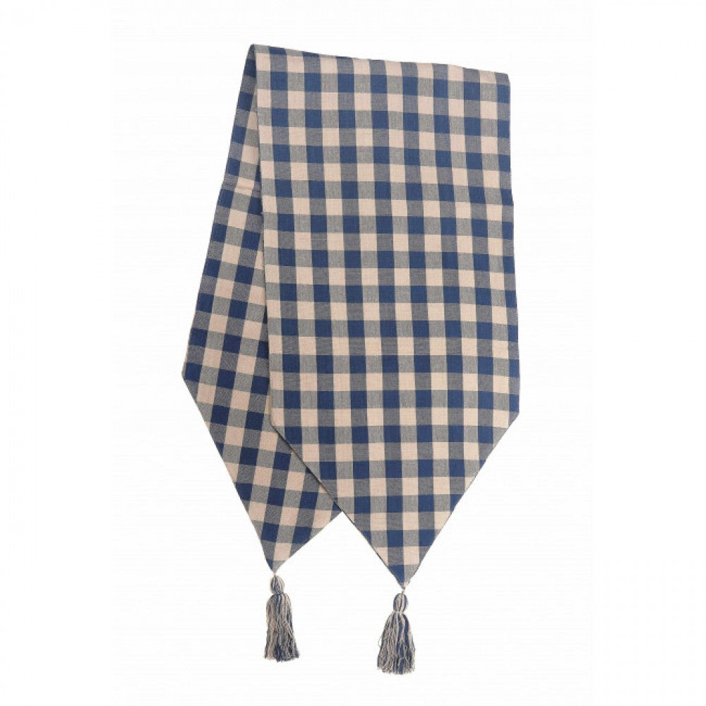 13x54" Navy Blue And Beige Check Pattern With Tassels Table Runner