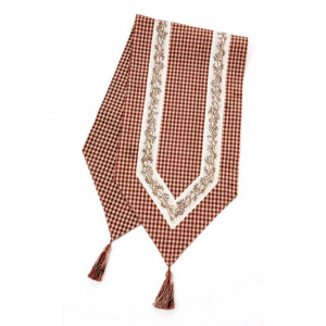 13x54" Burgundy And White With Berryvines Check Pattern With Tassels Table Runner