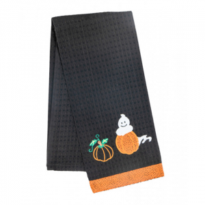 Set of 4 Halloween Pumpkin & Ghost On Black With Orange Trim Tea Towel