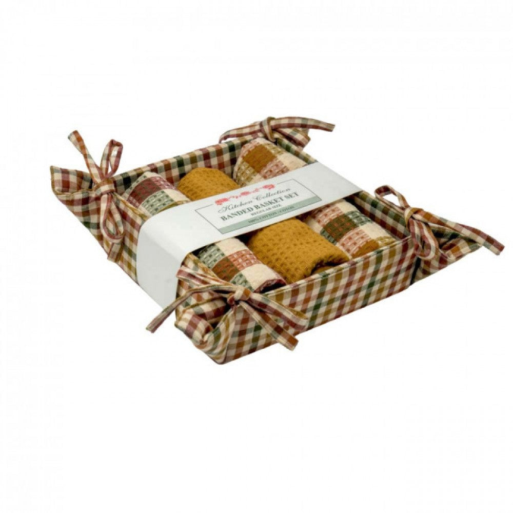 Cambridge Check-3 Tea Towels And Bread Basket Set