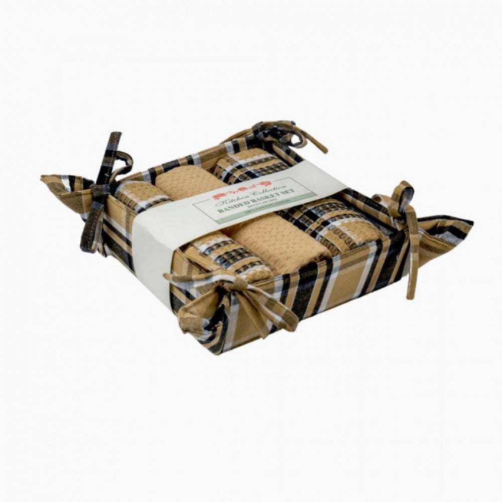 Black Haze Check Pattern 3 Tea Towels And Bread Basket Set