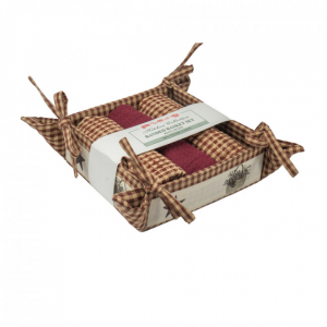 Burgundy And Beige Checks With Stars And Basket Trim 3 Tea Towels And Bread Basket Set