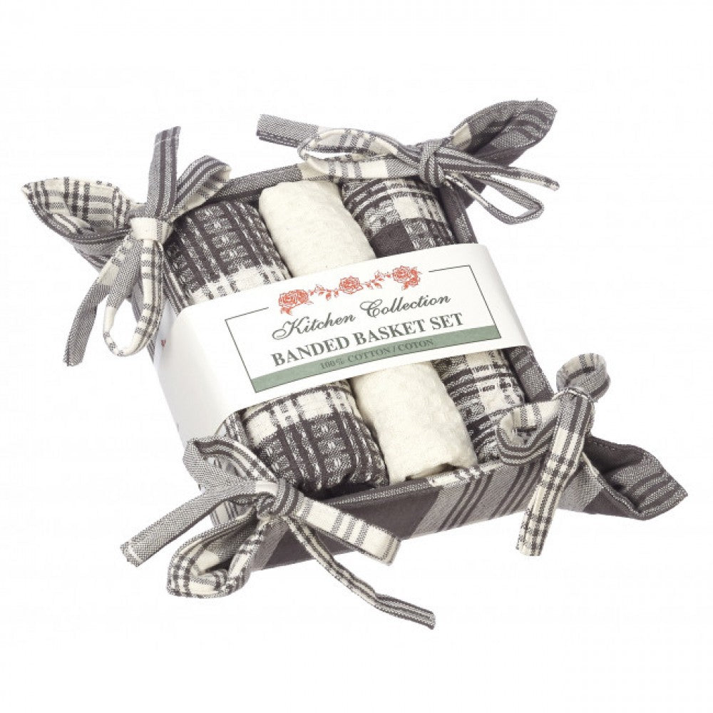 Stone Gray Plaid 2 Dish Cloths; 1 Tea Towel And Bread Basket Set