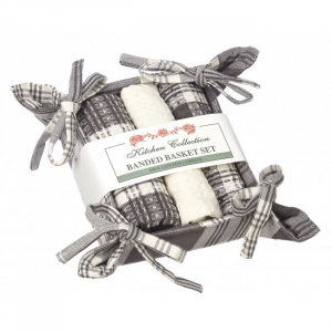 Stone Gray Plaid 2 Dish Cloths; 1 Tea Towel And Bread Basket Set