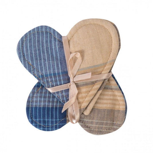 Set Of 4 Sand Blue Check Pattern Heart Shaped Coasters
