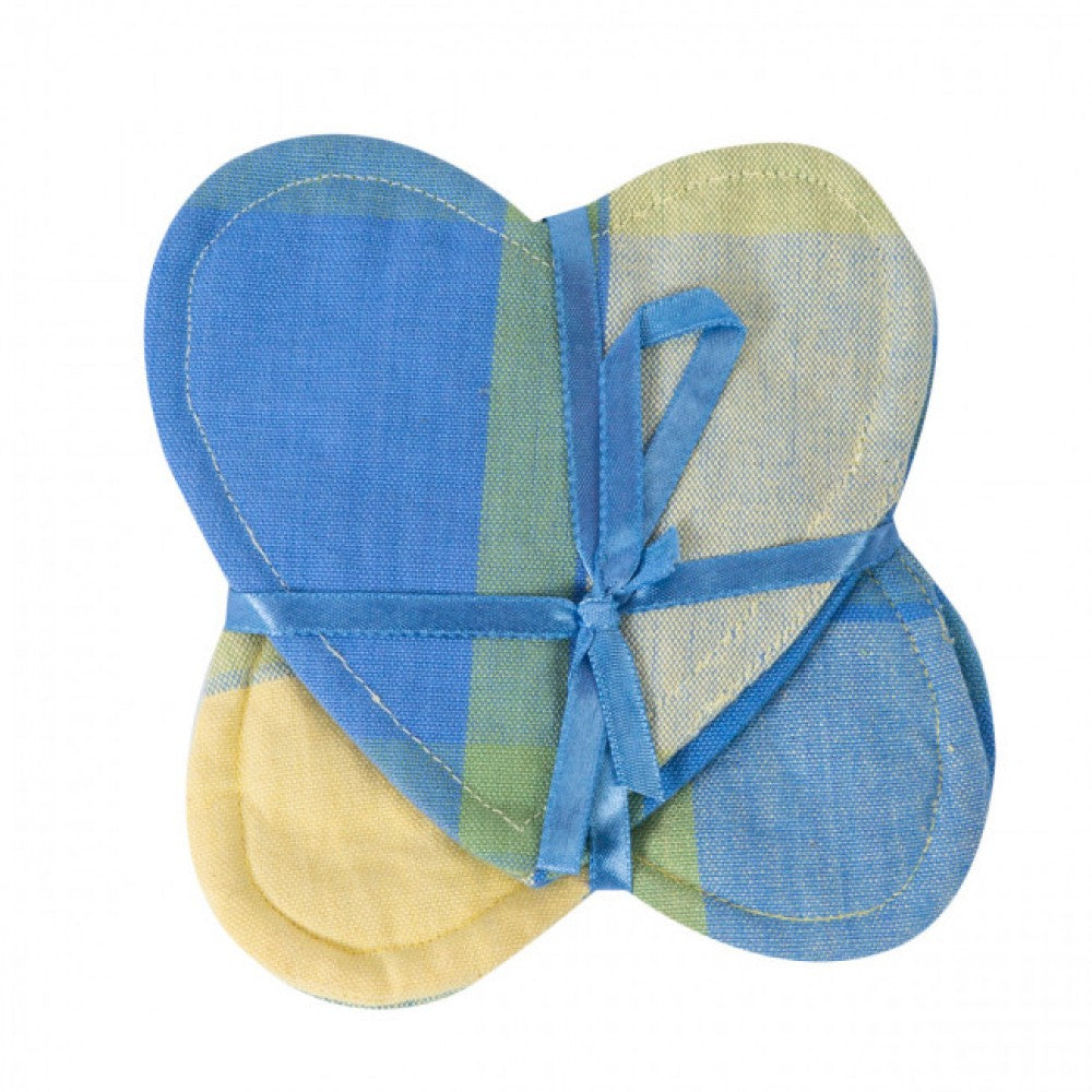 Set Of 4 Provence Check Pattern Heart Shaped Coasters