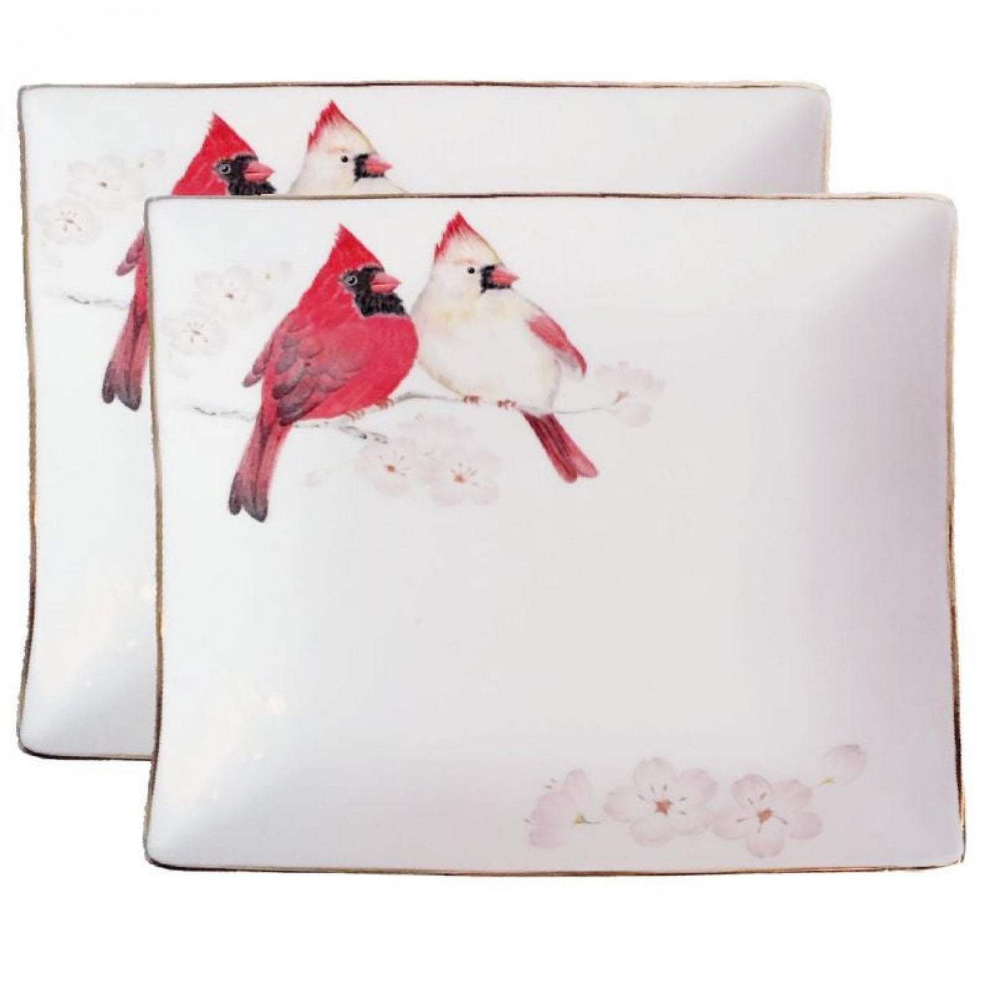 Set Of 2 Square With Cardinals And Flowers Snack Plate