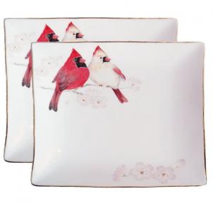 Set Of 2 Square With Cardinals And Flowers Snack Plate