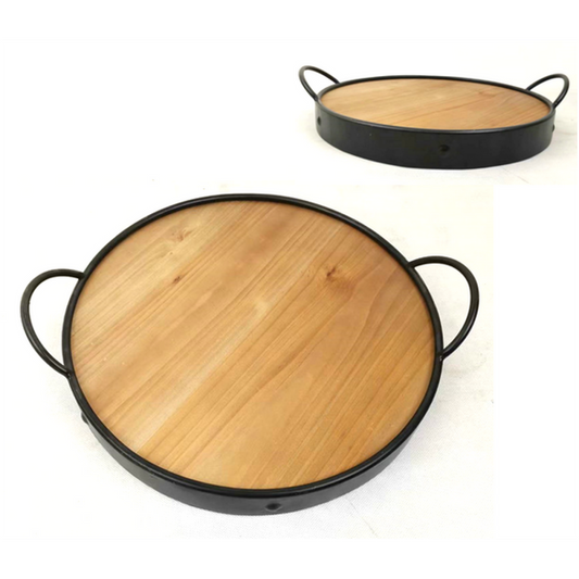 Round Wood And Iron With Handles Tray