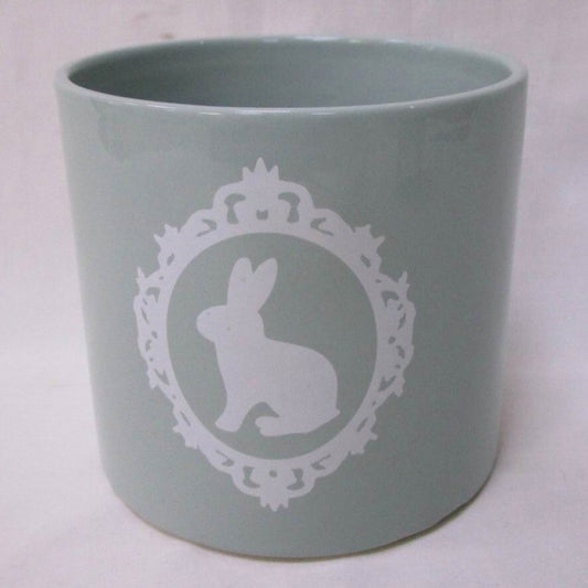 White Bunny In A Frame On Robins Egg Blue Planter
