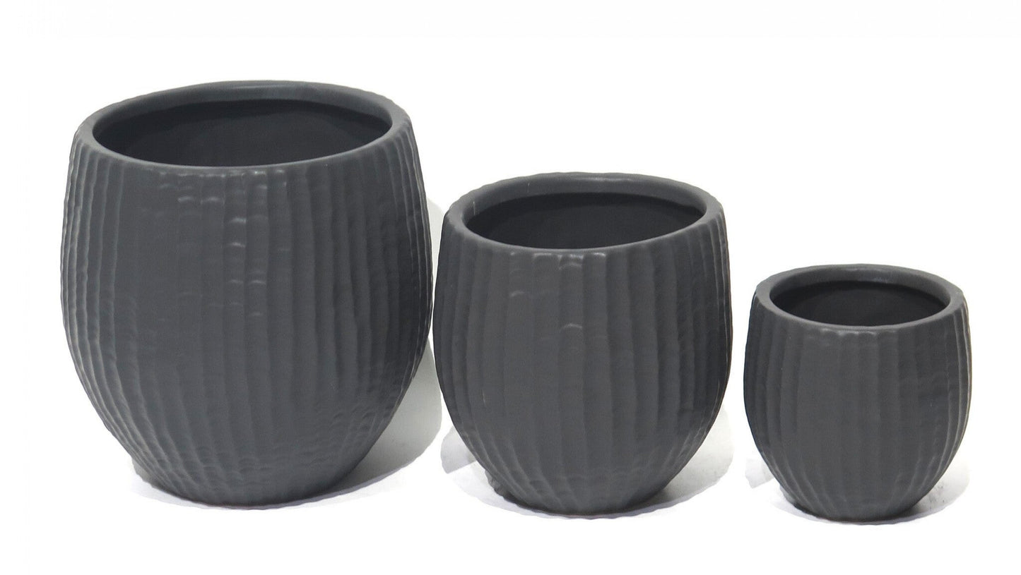 Set Of 3 Round Black With Lines Planters