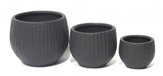 Set Of 3 Round Black With Lines Planters