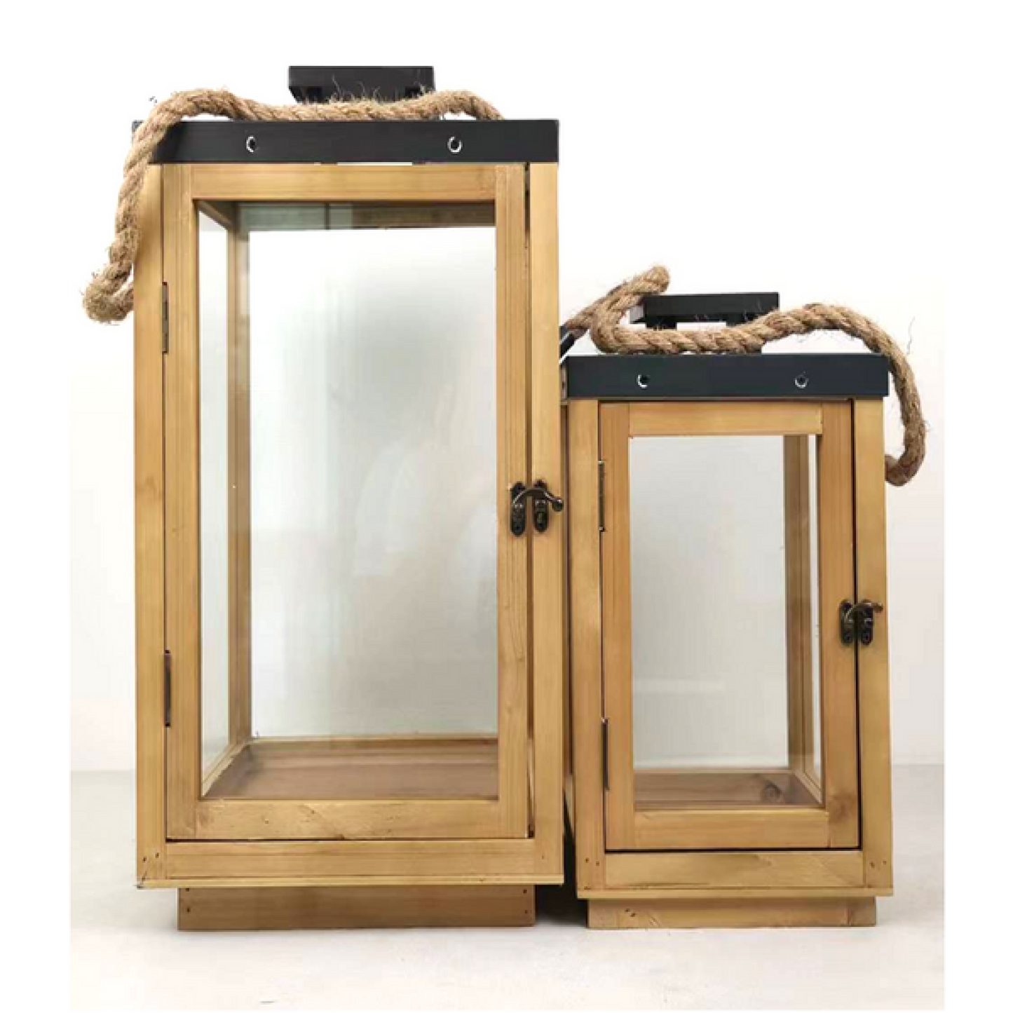 Set Of 2 Brown Wooden Frame With Black Accents And Rope Handles Lanterns