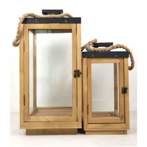 Set Of 2 Brown Wooden Frame With Black Accents And Rope Handles Lanterns