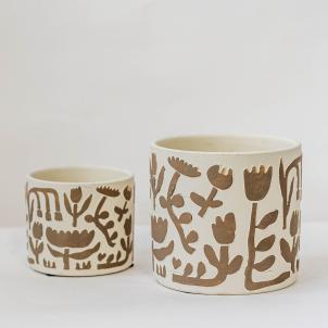 Set Of 2 Terracotta With Primitive Flower Patterns Planters