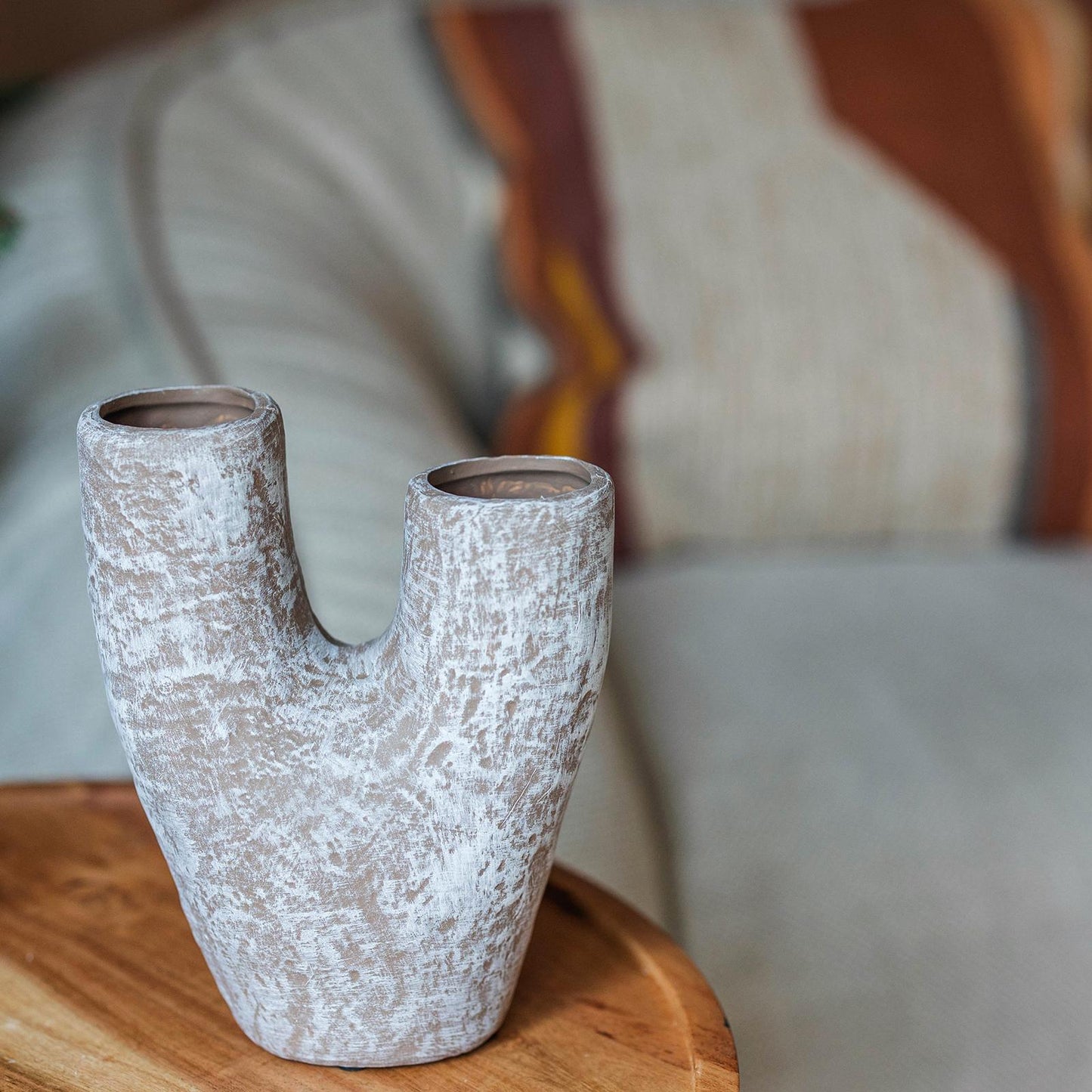 Beige With Washed White Finish And Two Openings Vase