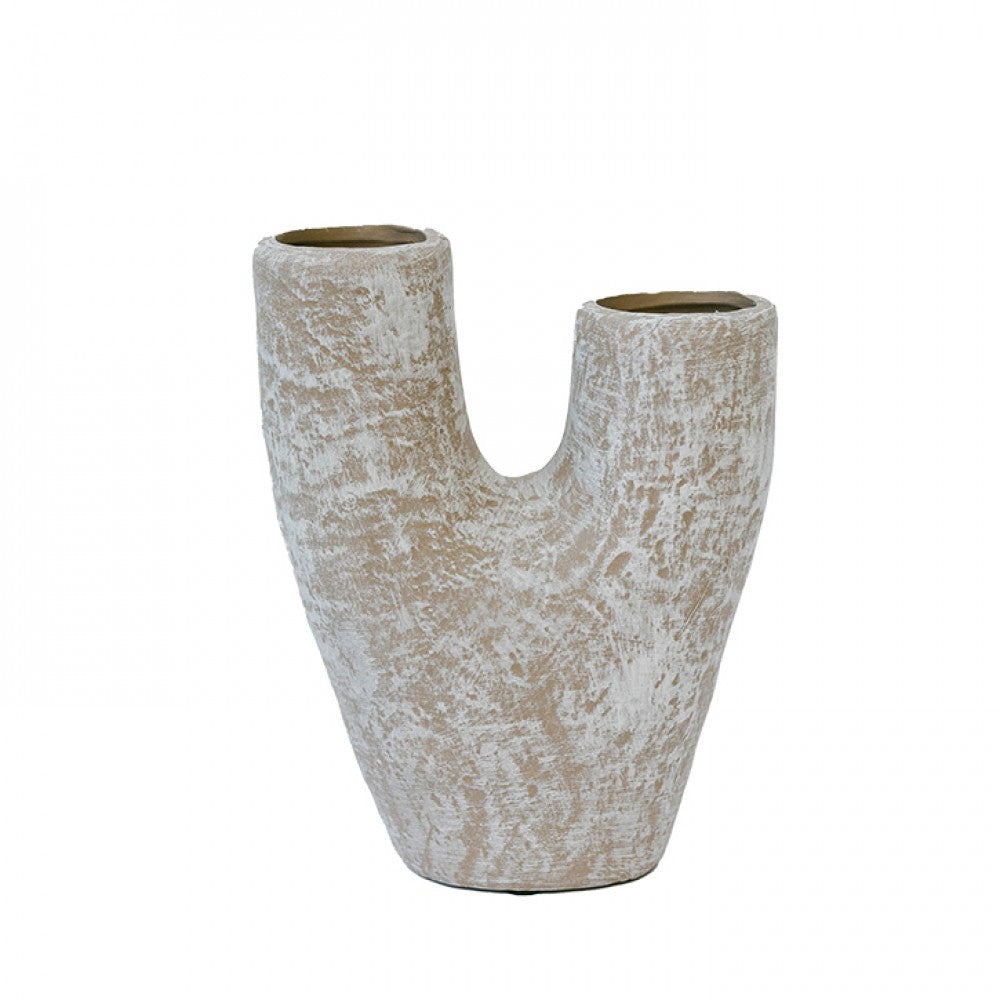 Beige With Washed White Finish And Two Openings Vase