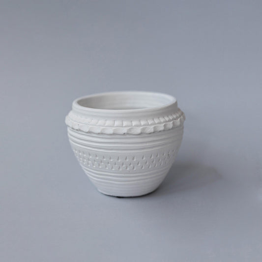 White With Line And Dot Pattern Cement Planter