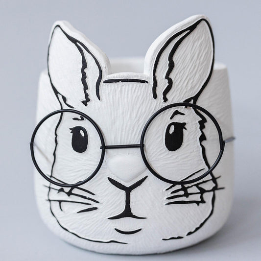 White Bunny Face With Black Outline And Glasses Planter