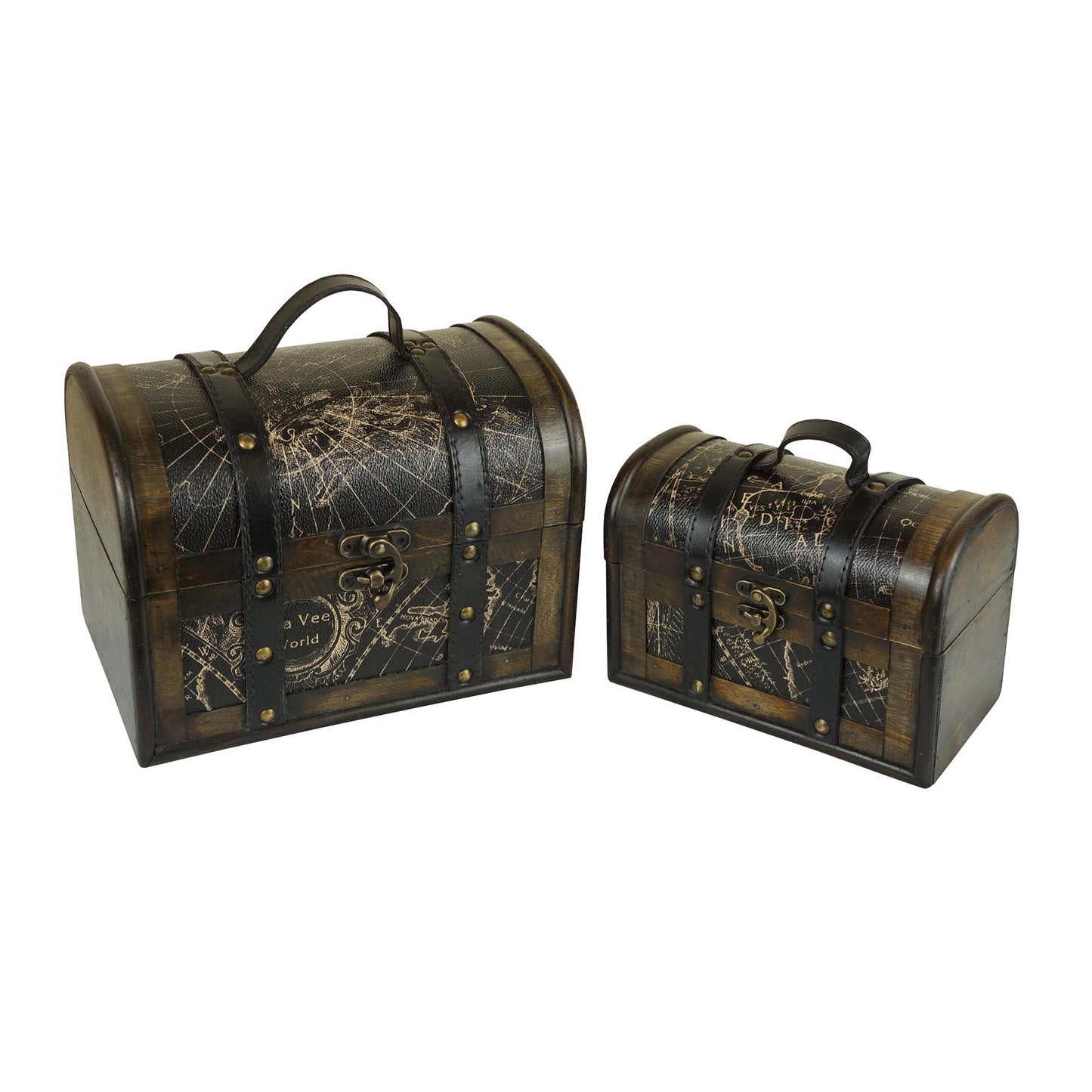 Set Of 2 World Map Design With Straps Dome Shaped Decorative Boxes