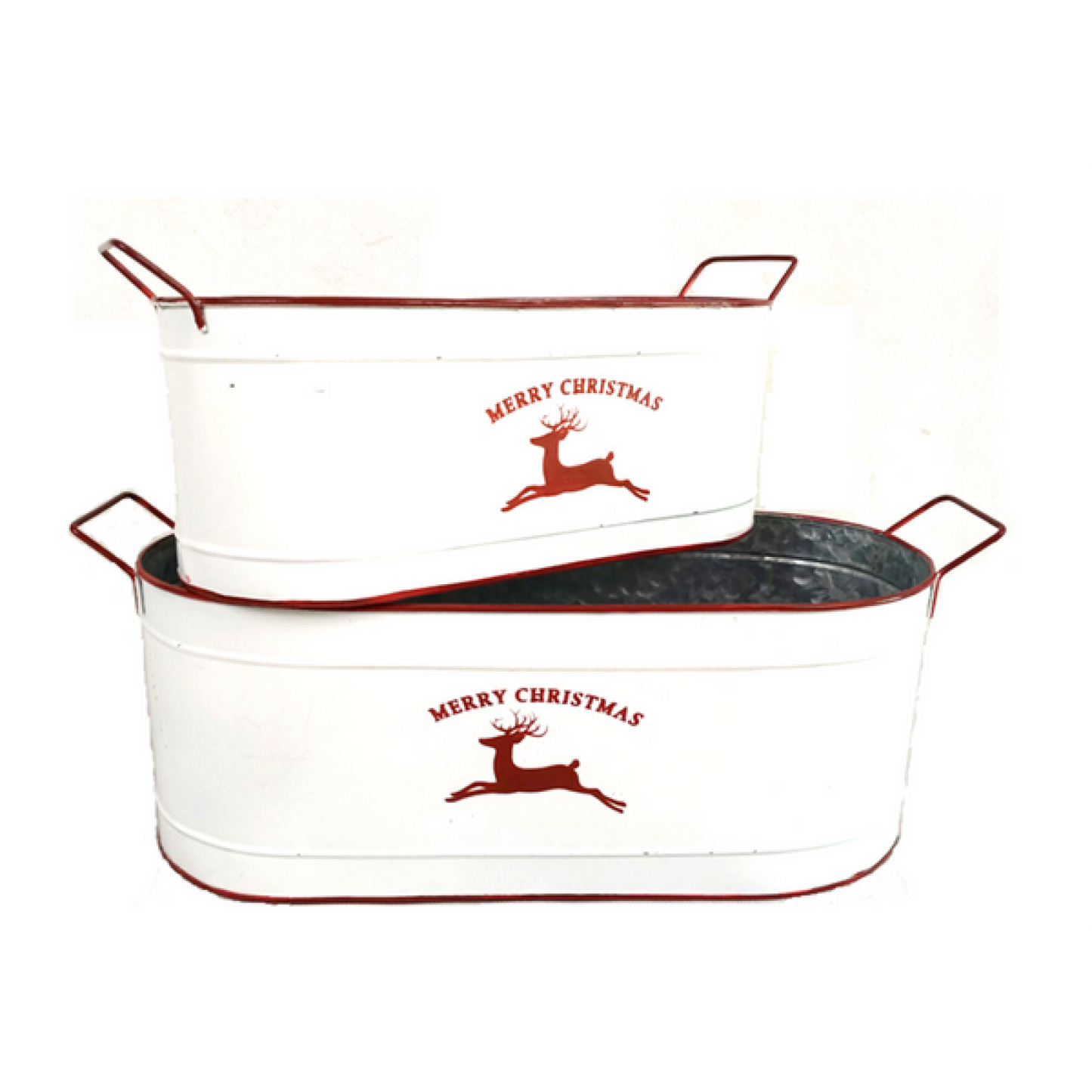 Set Of 2 White With Red Reindeer And Merry Christmas Design Bucket