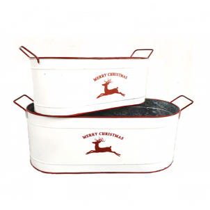 Set Of 2 White With Red Reindeer And Merry Christmas Design Bucket