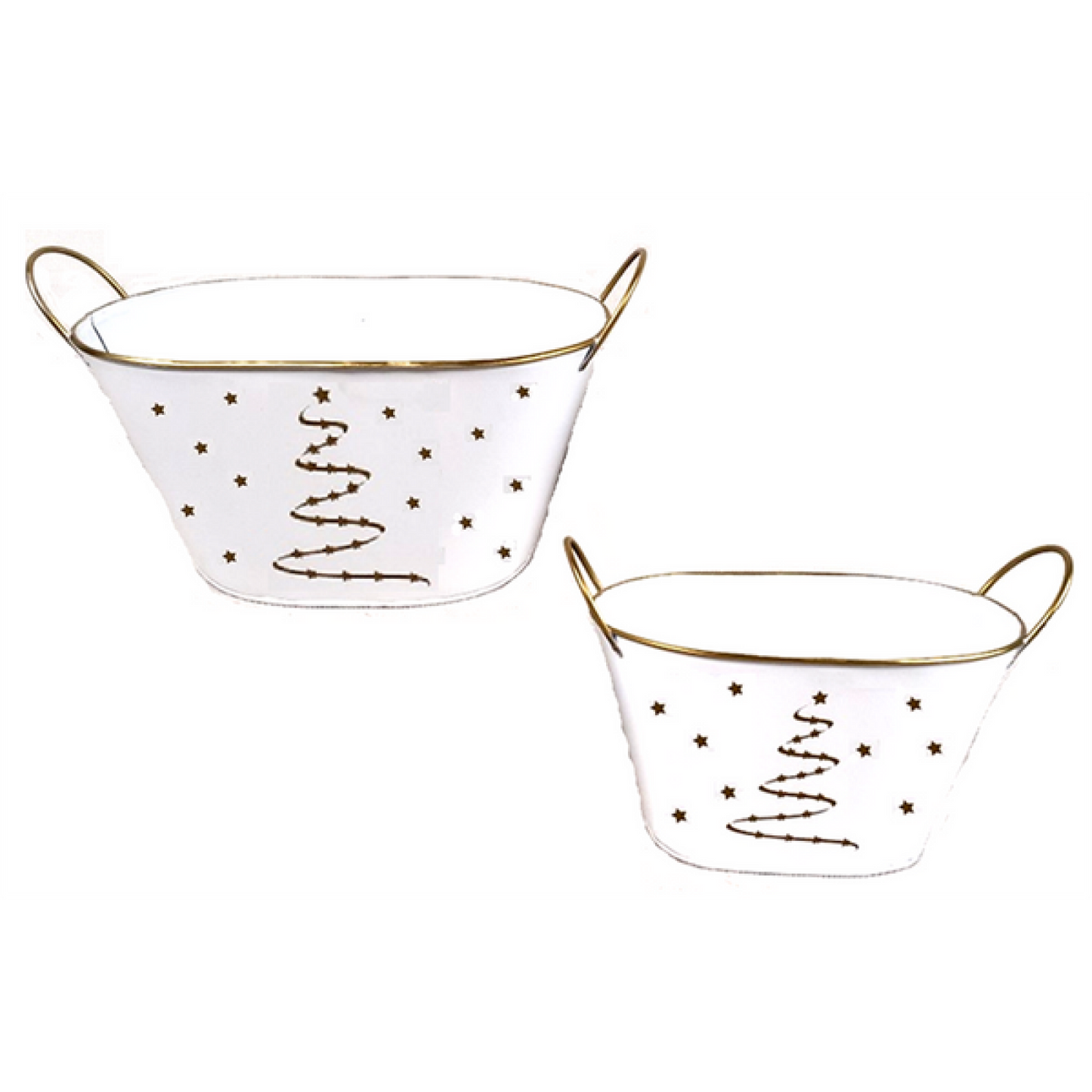 Set Of 2 White Oval Metal With Golden Tree And Stars Theme Bucket