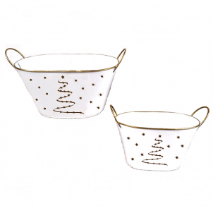 Set Of 2 White Oval Metal With Golden Tree And Stars Theme Bucket