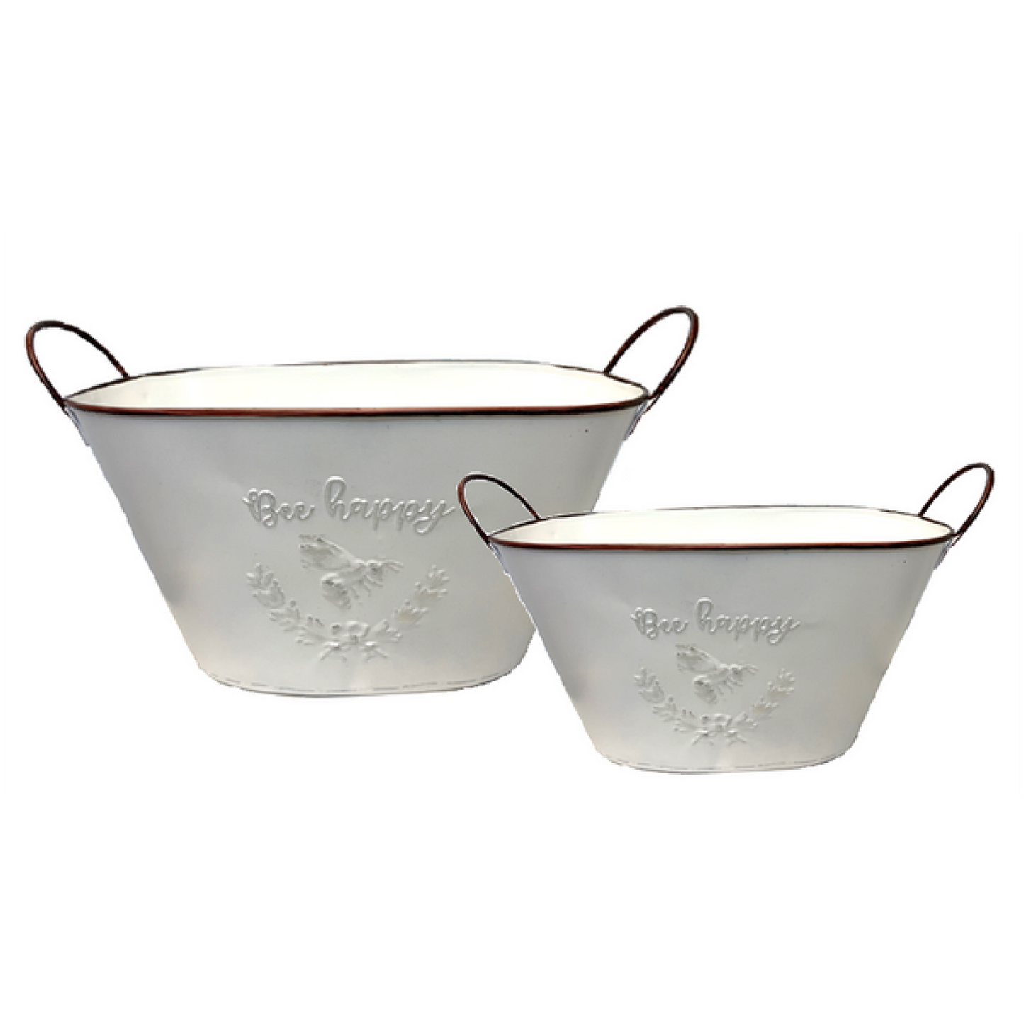 Set Of 2 White Oval Metal With Embossed "Bee Happy" Design Bucket