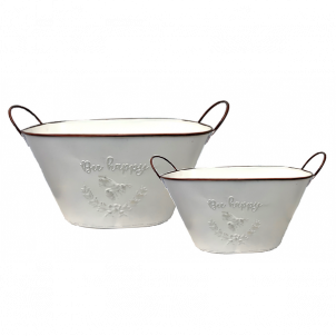 Set Of 2 White Oval Metal With Embossed "Bee Happy" Design Bucket