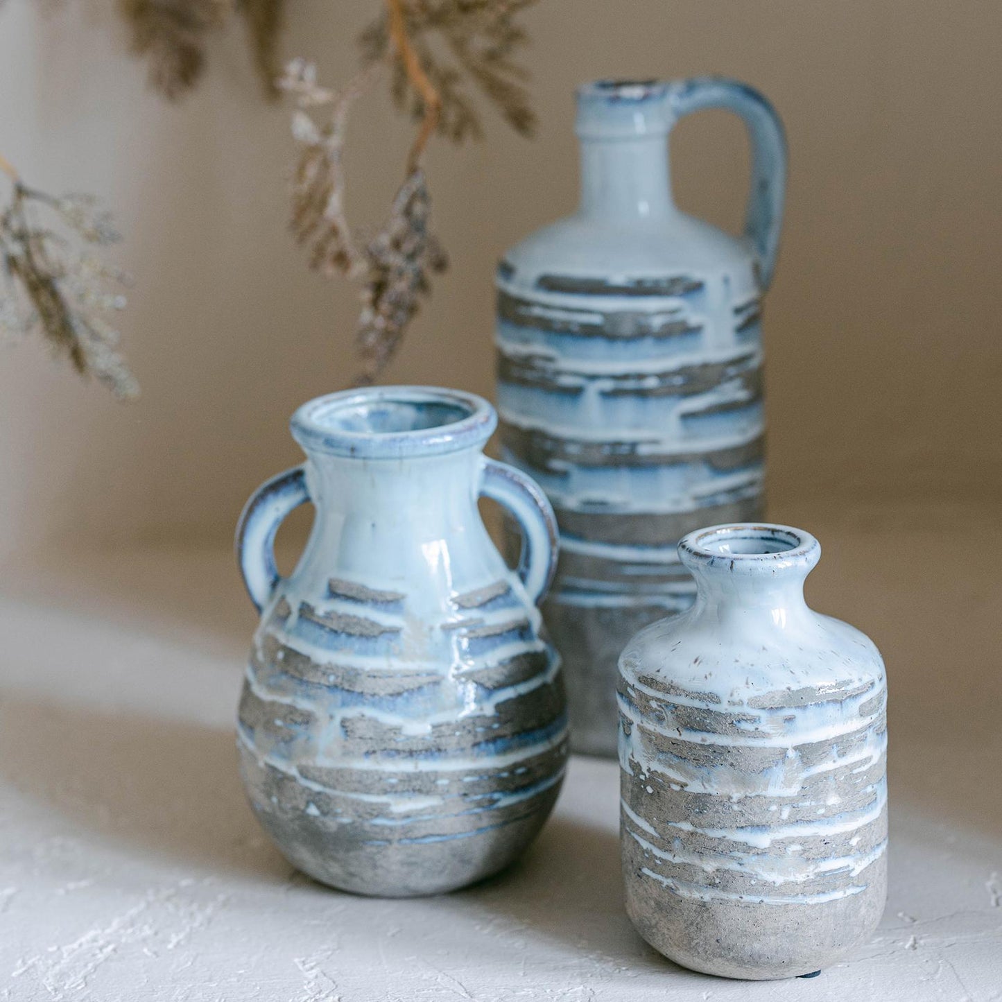 Tall Handled Blue With Brown And Gray Stripes Bud Vase