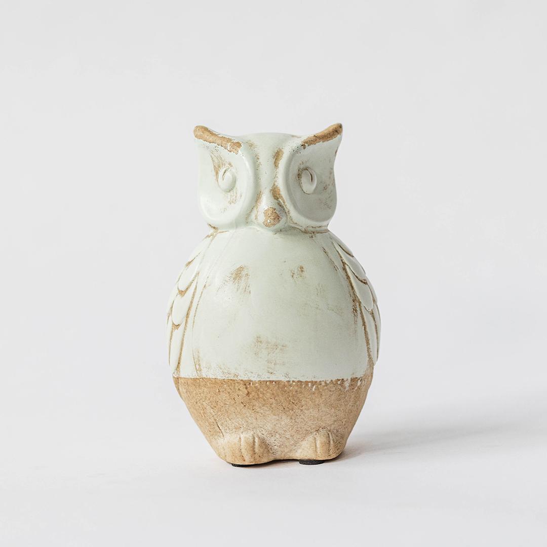 Rustic Look Light Green And Beige Owl Figurine