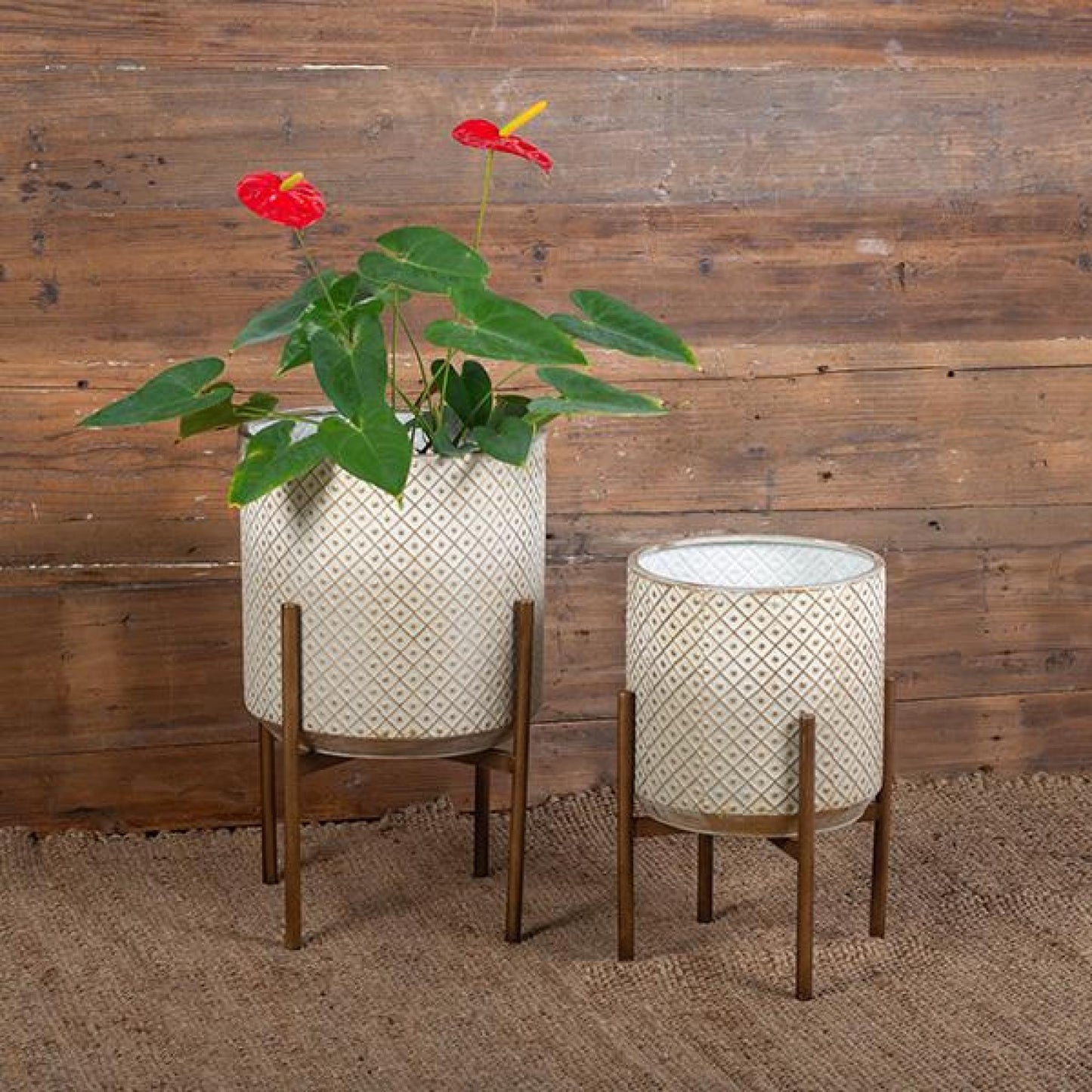 Set Of 2 Antique White With Gold Diamond And Dot Pattern On Metal Legs Plant Stand