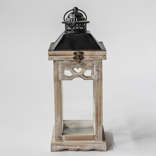 Wooden Frame With Etched Heart , Glass Walls And Metal Top And Handle Lantern