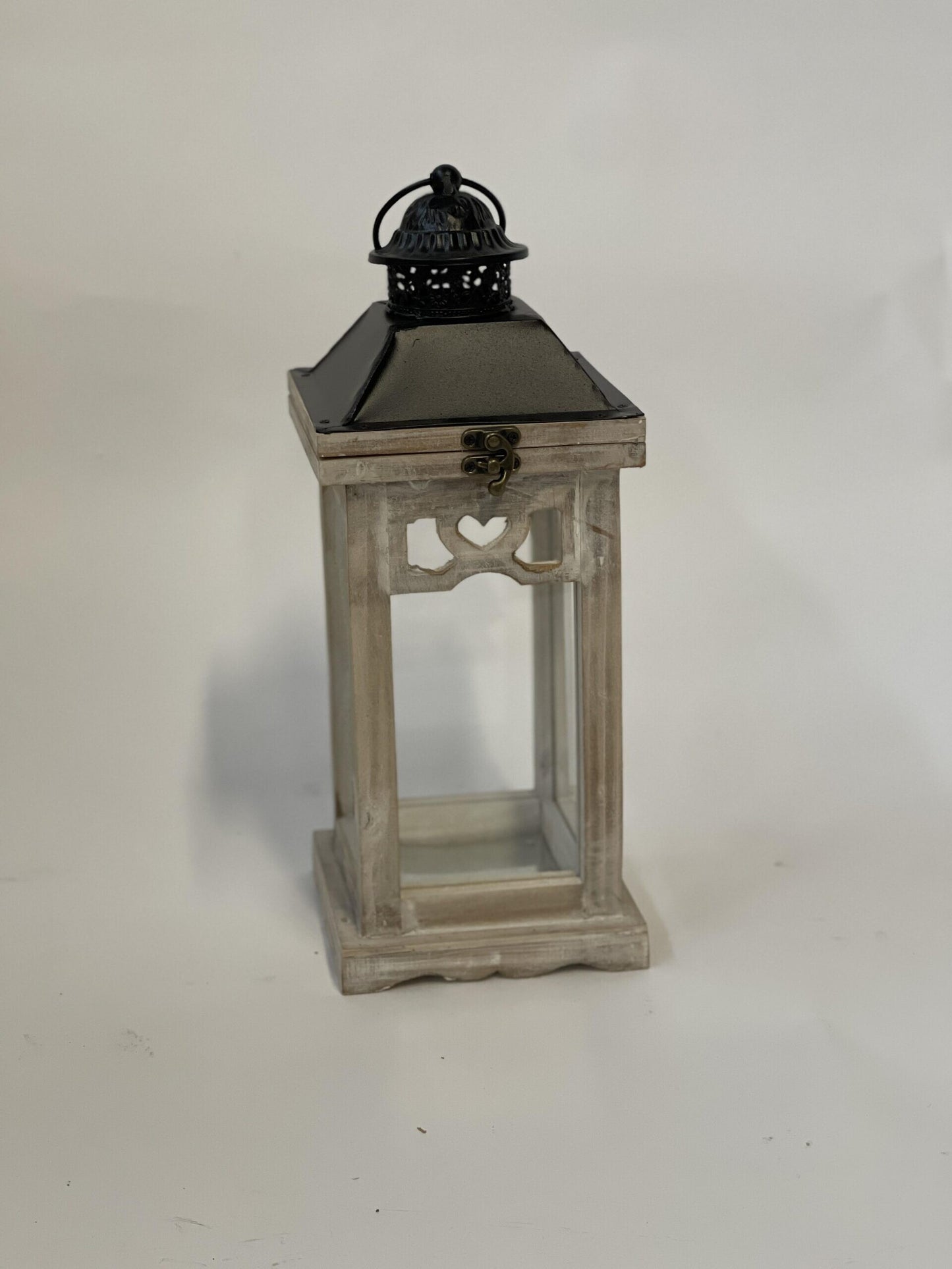 Wooden Frame With Etched Heart , Glass Walls And Metal Top And Handle Lantern