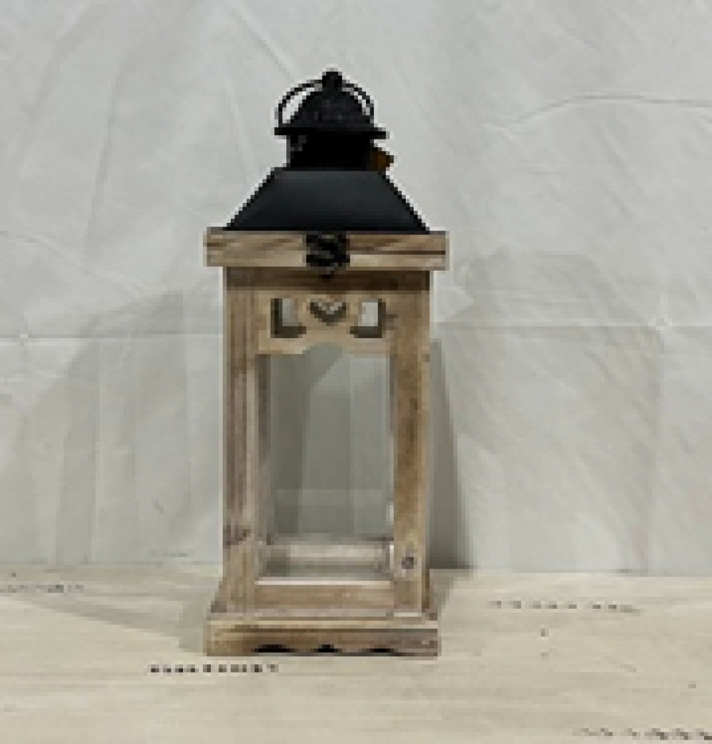 Wooden Frame With Etched Heart , Glass Walls And Metal Top And Handle Lantern