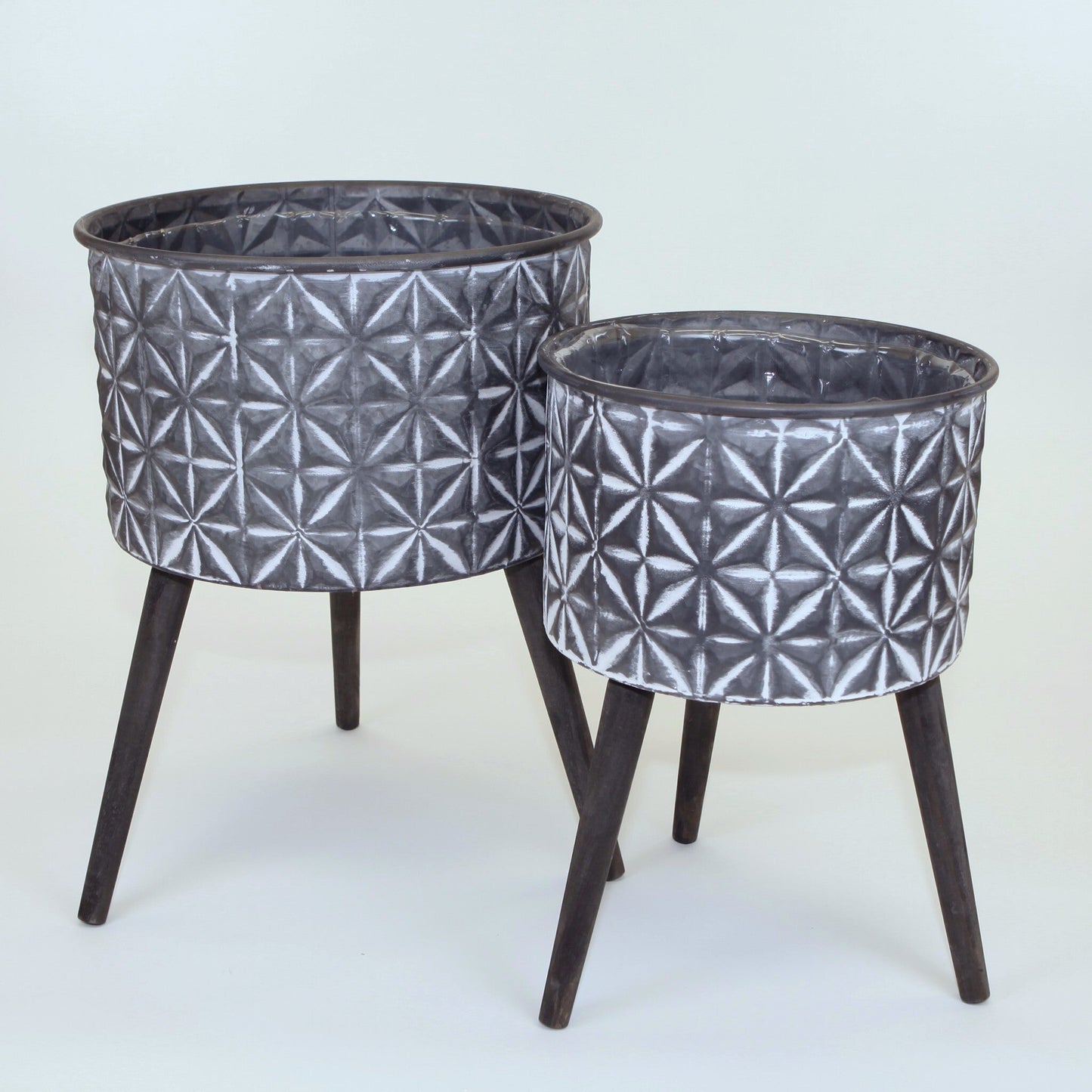Set Of 2 White Washed Metal Buckets On Wooden Legs Plant Stand