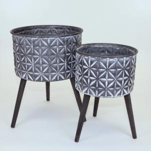 Set Of 2 White Washed Metal Buckets On Wooden Legs Plant Stand