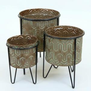 Set Of 3 Aged Copper Look Finish With Leaf Pattern Metal Plant Stand