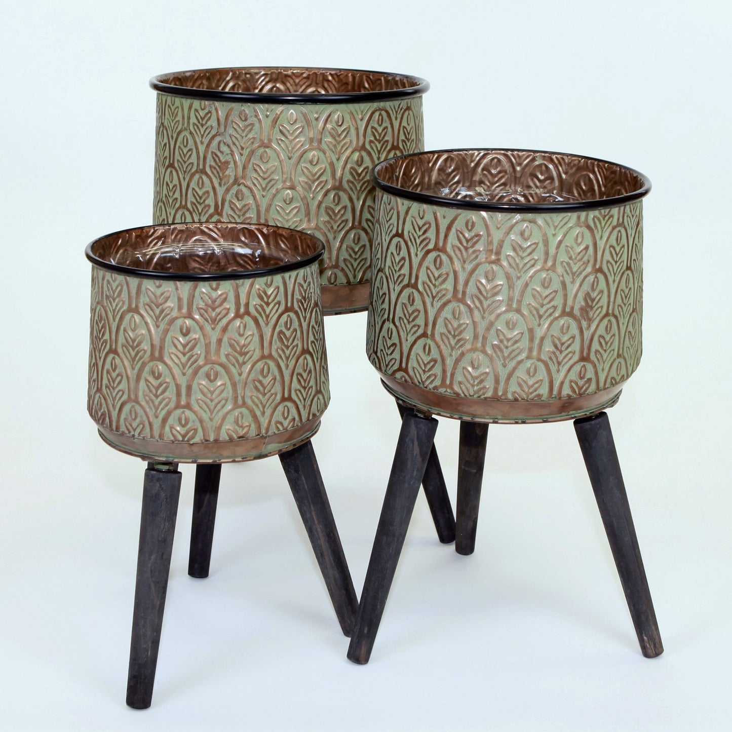 Set Of 3 Aged Verdigris & Copper Look Finish With Leaf Pattern Metal Plant Stand