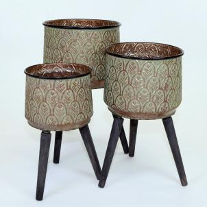 Set Of 3 Aged Verdigris & Copper Look Finish With Leaf Pattern Metal Plant Stand