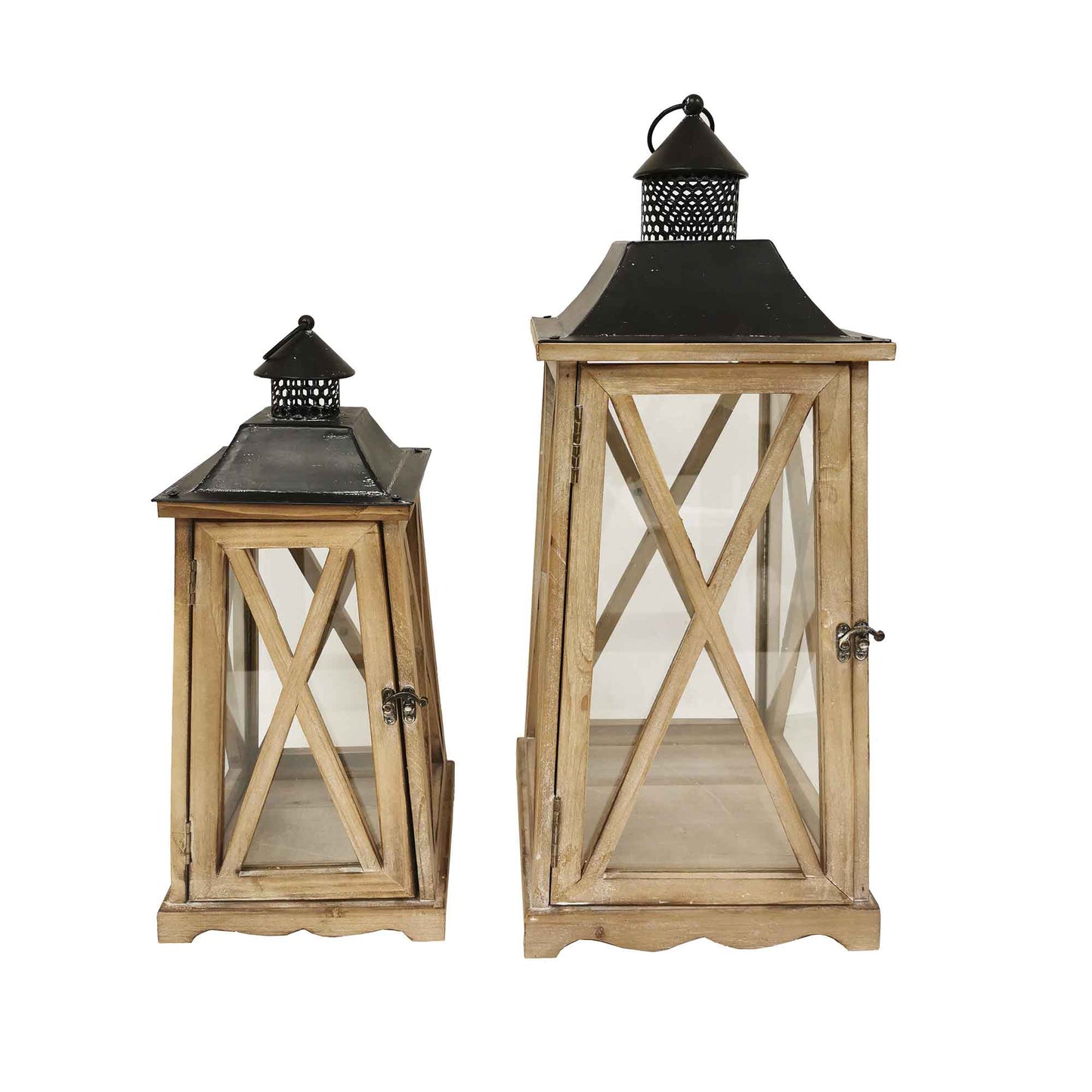 Set Of 2 Wood Frame With Metal Tops And Handles Lanterns