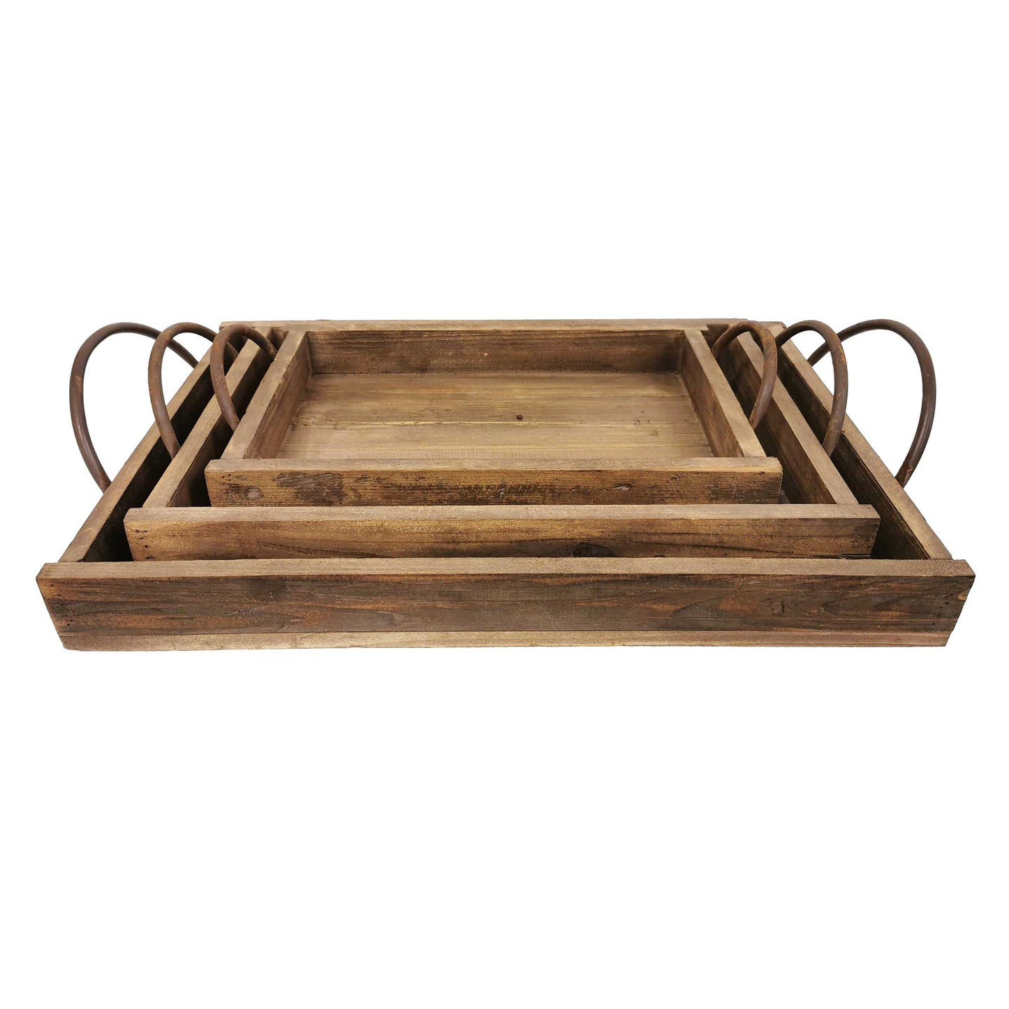 Set Of 3 Reclaimed Wood With Side Handles Trays