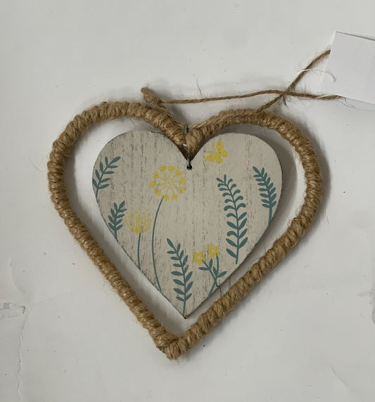 Wooden Heart With Floral Pattern In A Jute Frame Hanging Decoration