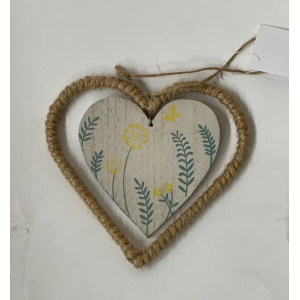 Wooden Heart With Floral Pattern In A Jute Frame Hanging Decoration