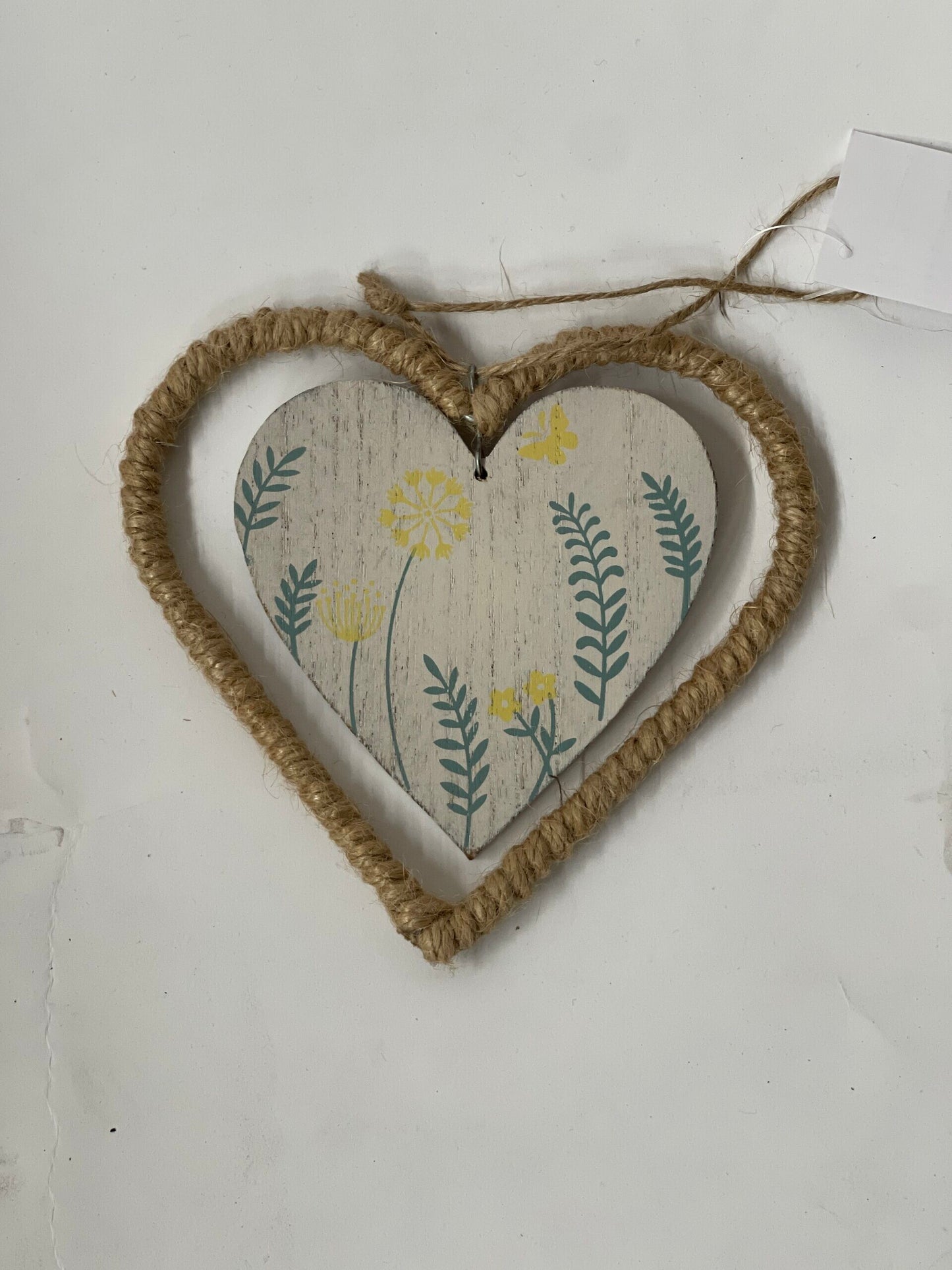Wooden Heart With Floral Pattern In A Jute Frame Hanging Decoration
