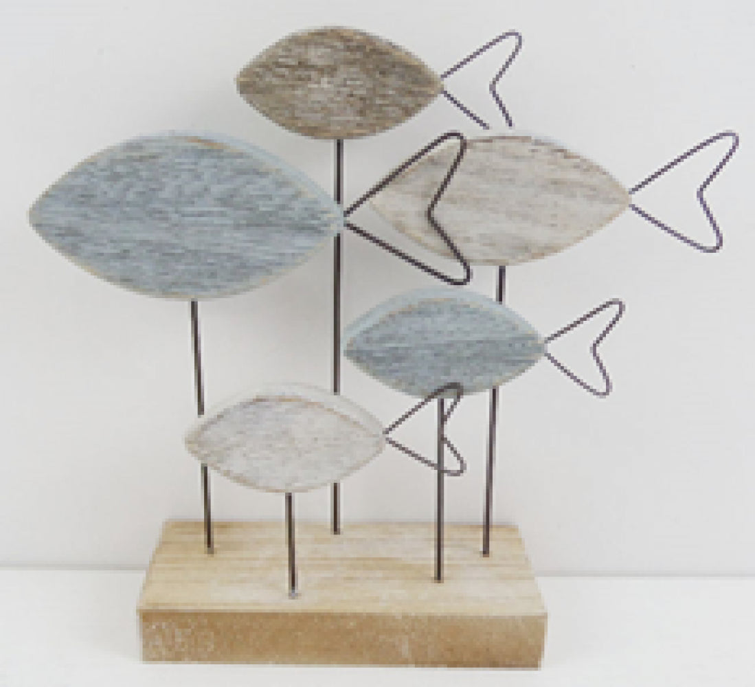 5 Wooden Fishwith Metal Tails On A Wooden Base Figurine