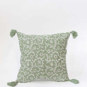 Green With White Floral Pattern And Green Tassels Cushion Cover